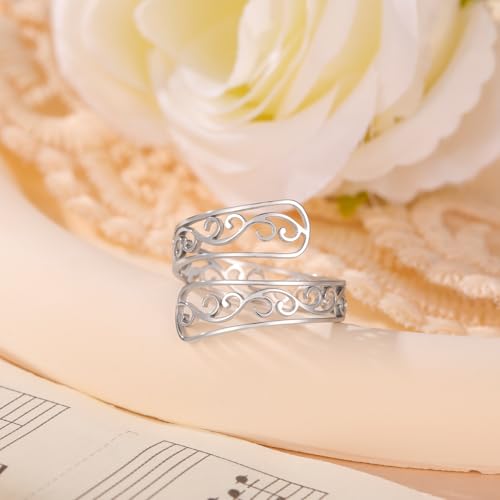 TEAMER Adjustable Filigree Flower Ring Stainless Steel Filigree Flower Ring Bohemian Jewelry Band Open Ring For Women - color: Silver