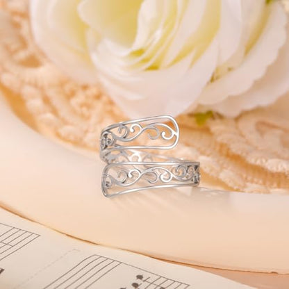 TEAMER Adjustable Filigree Flower Ring Stainless Steel Filigree Flower Ring Bohemian Jewelry Band Open Ring For Women - color: Silver