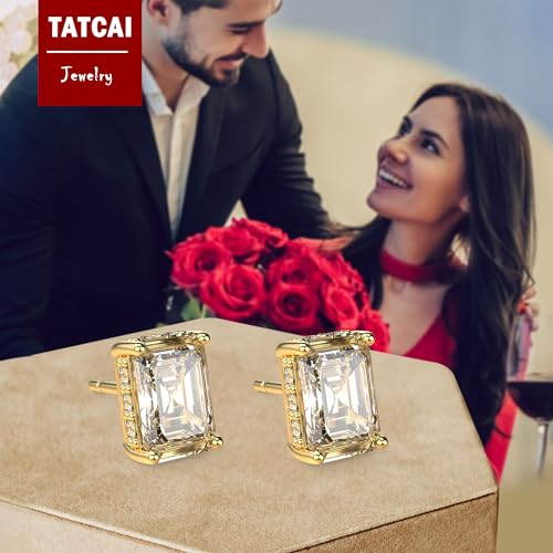 18K White Gold Plated Sterling Silver Emerald Cut Cubic Zirconia Stud Earrings Clear CZ Diamond Stud Earrings for Women Men Hypoallergenic - color: Gold, size: 4MM*6MM