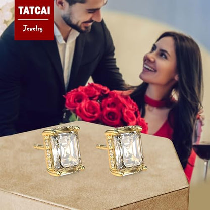 18K White Gold Plated Sterling Silver Emerald Cut Cubic Zirconia Stud Earrings Clear CZ Diamond Stud Earrings for Women Men Hypoallergenic - color: Gold, size: 4MM*6MM