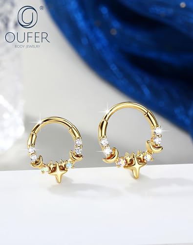 OUFER 16G Silver Gold Moon Star Hinged Segment Septum Ring 316L Surgical Stainless Steel CZ Septum Jewelry 8mm 10mm Inner Diameter with Free Tweezer Helix Tragus Conch Lip Piercing Jewelry for Women - color: Gold