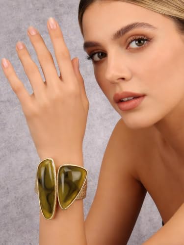 GelConnie Chunky Cuff Bangle Bracelet for Women, Statement Jewelry | Gold and Silver Tone Cuff Bangles with Resin, Crystal and Textured Accents for Party, Vacation and Dressy Looks - style: Bangle 10-Green