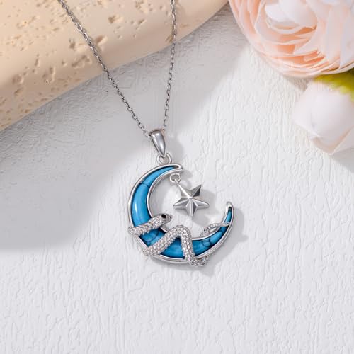 925 Sterling Silver Turquoise Moon Pendant Necklace for Women, Snake/Flower/Bow/Tree of Life/Star Moon Necklace, Dainty Jewelry for Daily Wear & Gifts - style: Style 6