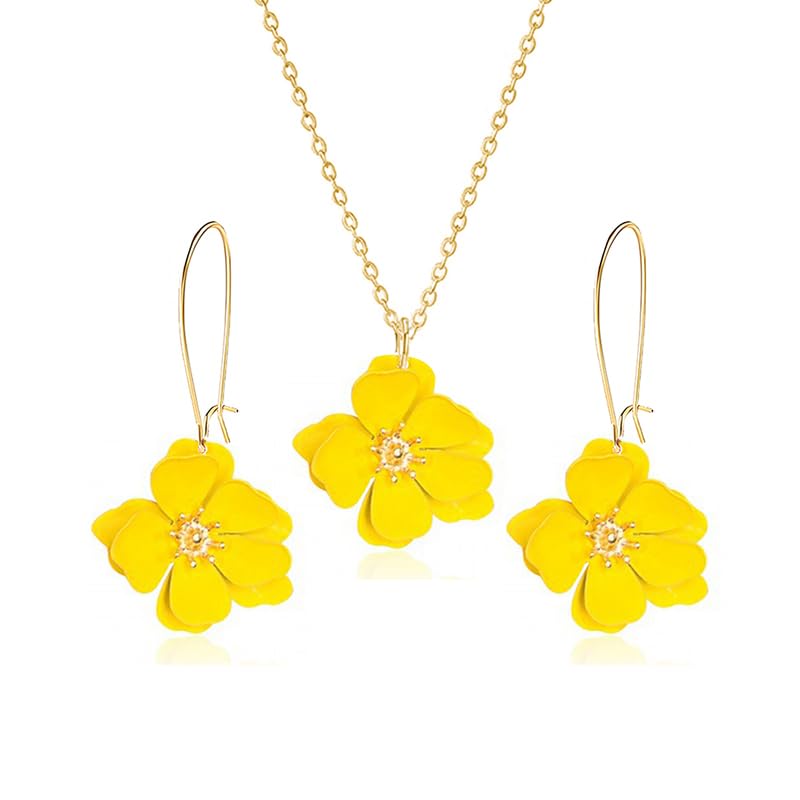 WCRAZYE Bohemian Daisy Flower Earrings Necklace Sets for Women Unique Trendy Boho Matte 3D Gold Flower Floral Petal Statement Earring Wedding Jewelry - color: Yellow