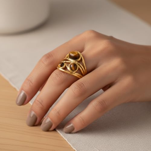 Western Captivating Tiger's Eye Stone Ring,Solitaire 8 * 10mm Oval Cut Gemstone 18K Gold Plated Stack 13mm Wide Ribbed Texture Band Statement Ring for Women - style: Tiger's Eye E