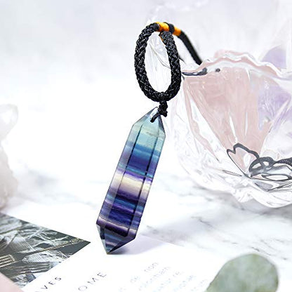 Runyangshi Rainbow Fluorite Healing Crystal Pendants, Double Pointed Natural Crystal Quartz Necklace 6 Faceted Chakra Crystal Wand Stone - color: Rainbow Fluorite