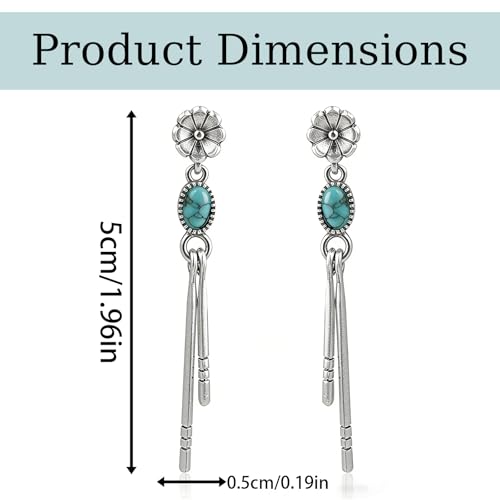 1 Pair Silver Tone Simulated Turquoise Dangle Earrings for Women,Boho Style Long Earrings,Womens Western Earrings,Tassel Drop Earrings,Vintage FlowerEarrings,Western Jewelry