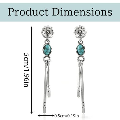 1 Pair Silver Tone Simulated Turquoise Dangle Earrings for Women,Boho Style Long Earrings,Womens Western Earrings,Tassel Drop Earrings,Vintage FlowerEarrings,Western Jewelry