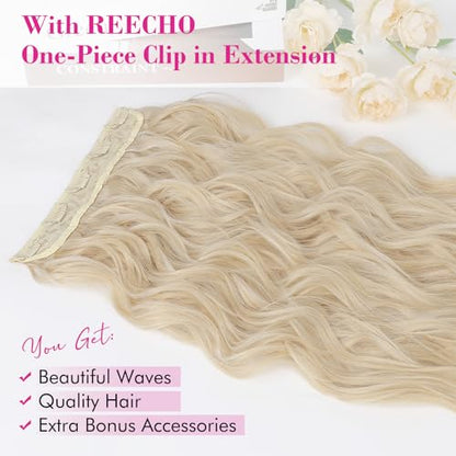 REECHO Blonde Hair Extensions, 20” Single Piece Clip in Hair Extensions Thick Long Beach Wavy Natural Soft Synthetic Hairpieces for Women, Cool Light Blonde - color: Cool Light Blonde - Wavy, size: 20 Inch (Pack of 1)