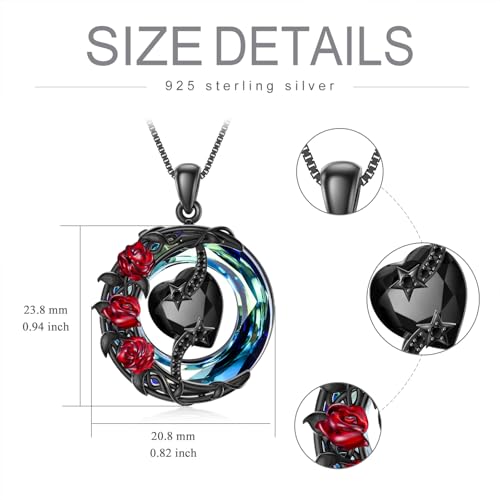 TOUPOP Birthstone Necklace Women Sterling Silver Moon Star Birthday Jewelry | Celtic Moon Pendant with Blue Crystal Anniversary Christmas Jewelry Gifts for Wife Mom Her - color: C-Black Crystal-Red Rose