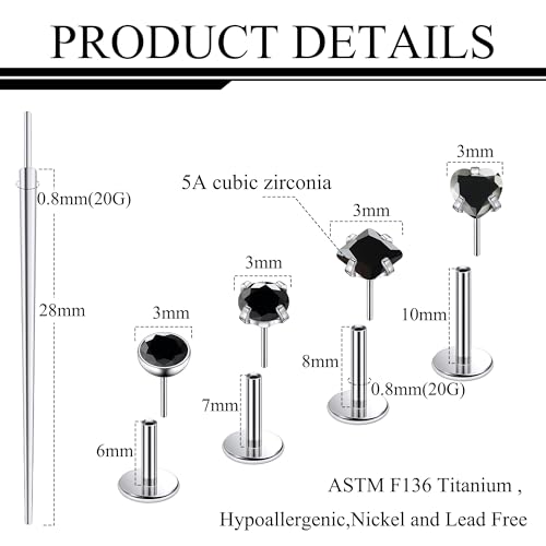 Ruifan Titanium Flat Back Lip Rings Threadless Push in Earrings Studs Nose Rings 20G 18G 16G Round Heart Square CZ Tragus Cartilage Lobe Rook Helix Conch Labret Medusa Piercing Jewelry for Women Men - color: Black CZ, size: 20G-6/8/10mm