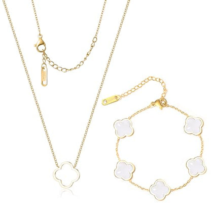 Delicacy Clover Bracelets Necklace Set:Clover Necklaces Clover Bracelet Women Link Bracelets Cute Gold Jewelry - color: White-Gold
