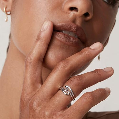 Silver Open Adjustable Stacking Rings for Women, Minimalist Wrap Band Set, Geometric/Heart/Wave/Leaf/Spiral Styles, Hypoallergenic, Gift Box Included, Thumb Ring Option - color: Wave
