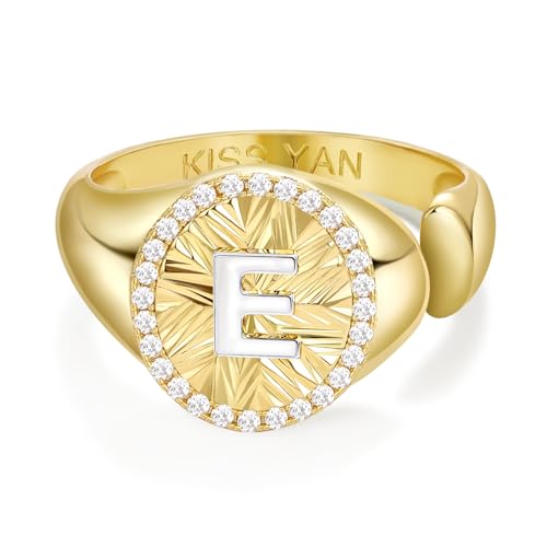 KissYan 14K Gold Plated Initial Ring for Women | Adjustable CZ Halo Letter Signet Ring, Personalized Monogram Statement Jewelry Gift, Tarnish Resistant - style: Letter E