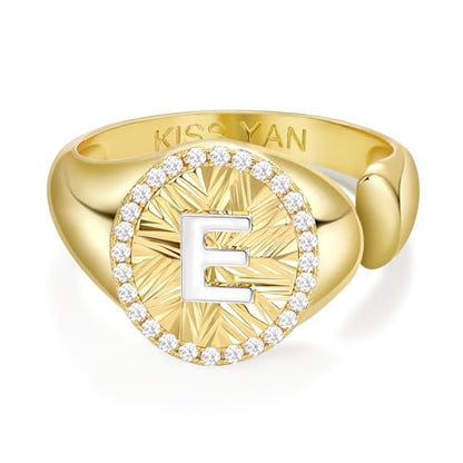 KissYan 14K Gold Plated Initial Ring for Women | Adjustable CZ Halo Letter Signet Ring, Personalized Monogram Statement Jewelry Gift, Tarnish Resistant - style: Letter E