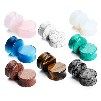 16-Piece Natural Stone Ear Gauges, Double-Flare Plugs, 6-20mm | Hypoallergenic mixed natural stone plugs with a smooth polished surface and secure saddle double-flare fit for daily wear - size: 14 mm