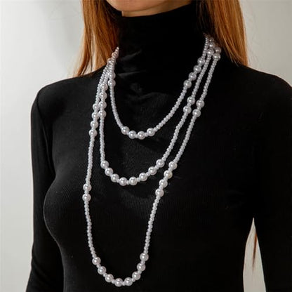 Long Pearl Beaded Necklace Layered Big Small Beads Pearl Necklaces Multi Strand Pearls Necklaces for Women Trendy Jewelry Gift - color: D