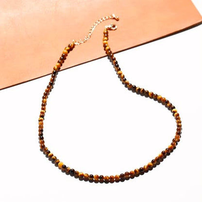 Simple 4mm Gemstones and Crystals Choker Necklace Unisex 16"-18" | Necklaces for Women Men, Adjustable, 40-45 cm Chain Length, Handmade, Spiritual Gemstones, Positive Energy, Daily Wear - style: Tiger's eye