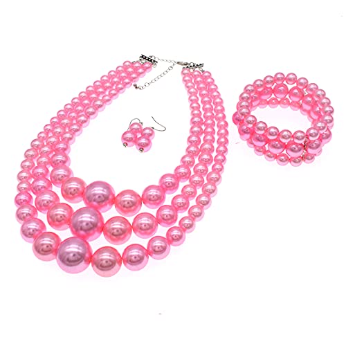 JNF Faux Pearl Statement Necklaces Big Beaded Necklace for Women Chunky Pearls Necklace and Earring Set Large beads Costume Necklace - color: Pink pearl necklace