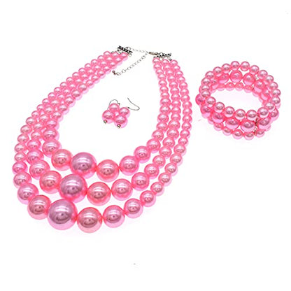 JNF Faux Pearl Statement Necklaces Big Beaded Necklace for Women Chunky Pearls Necklace and Earring Set Large beads Costume Necklace - color: Pink pearl necklace