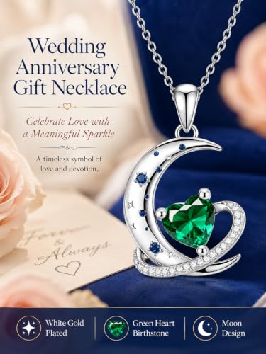 Birthstone Necklace for Women White Gold Moon and Star Pendant Moon Jewelry Anniversary Birthday Gifts for Mom Wife Her - color: 05. May - Emerald