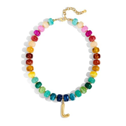 Chunky Beaded Bubble Initial Pendant Necklace Jewelry for Women | Big Large Bead Choker Letter Necklace Summer Beach Beachy Womens Statement Charm Gifts - color: Colorful L