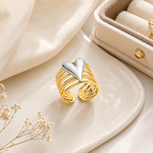 Two Tone Heart Open Ring 18K Gold Plated Stainless Steel Wide Band Adjustable Statement Ring for Women Fashion Jewelry
