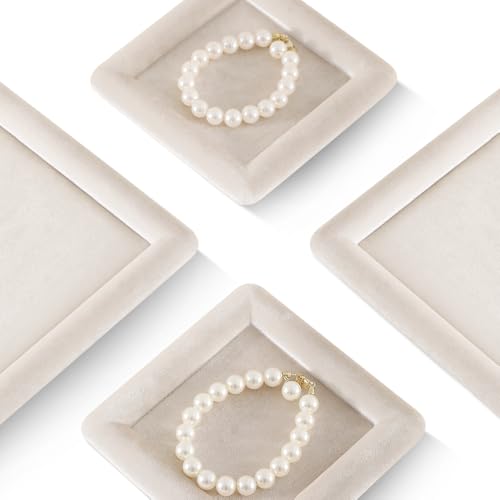 Velvet Jewelry Display Tray for Ring Earrings Necklace Bracelet Flat Tray - color: Beige, size: 5.12 × 5.12 in
