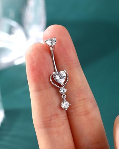 Dangle Belly Button Rings 14G Heart Belly Navel Rings for Women Surgical Steel Navel Piercing Jewelry - color: WG-10MM