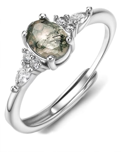 Moss Agate Ring for Women Silver Vintage Open Adjustable Green Gemstone | Natural Moss Agate Stone; Unique Green Gemstone Pattern; Vintage Silver Rings Design; Open Adjustable Fit