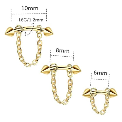 3 Pcs 316L Stainless Steel 16G Tragus Helix Rook Piercing Jewelry with Chain, Cartilage Earrings for Women, Belly Button Ring Vertical Labret Lip Piercing Jewelry - color: Gold, size: Cone