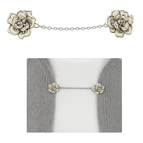 Vintage Floral Sweater Clip for Women – Silver & Yellow Cardigan Collar Clasp Chain Brooch for Dresses, Shawls, Sweaters & Scarves – Decorative Retro Clothing Accessory