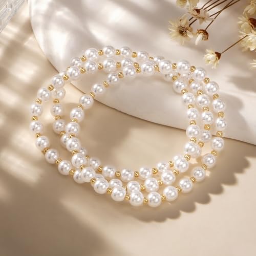 14K Gold Plated Beaded 3Pcs Stack Bracelets for Women, Dainty Trendy Freshwater Stackable Pearl Paperclip Cross Chain Gold Balls Stretch Accessories Jewelry Vacation Gift - color: pearl