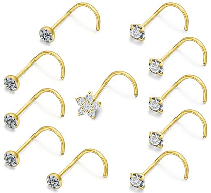 Prjndjw 20G Big Nose Stud Large Nose Studs Surgical Stainless Steel Straight Nose Studs 4mm CZ Paved CZ Nose Rings with 6-CZ Flower Ring for Women Men 11 Pieces - color: 4mm CZ Big 18G Gold-plated Screw Curved Nose Stud