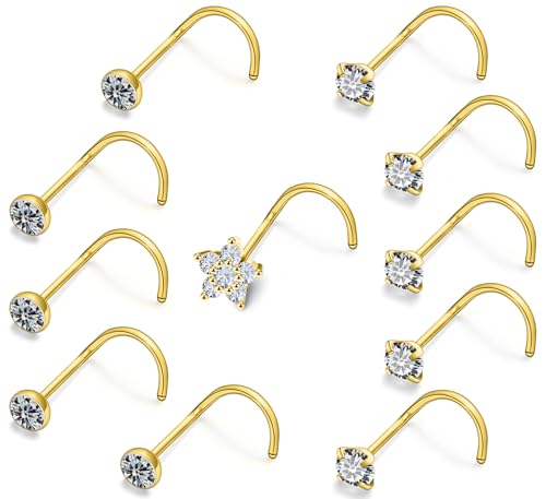 Prjndjw 20G Big Nose Stud Large Nose Studs Surgical Stainless Steel Straight Nose Studs 4mm CZ Paved CZ Nose Rings with 6-CZ Flower Ring for Women Men 11 Pieces - color: 4mm CZ Big 20G Gold-plated Screw Curved Nose Stud