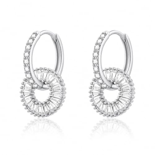 CoBi CZ Hoop Earrings for Women, 14K Gold Plated Round Cubic Zirconia Dangle Huggie Earrings, Dainty Silver Tone Earrings Jewelry Gifts - color: Sliver