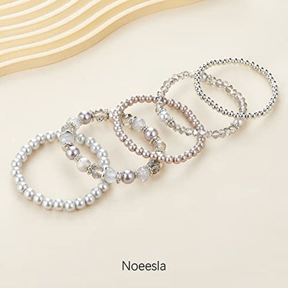 Noessla Beaded Pearl Stretch Bracelet Silver Stackable Crystal Beads Bracelets Trendy Costume Jewelry Mothers Day Gifts for Women - color: Grey