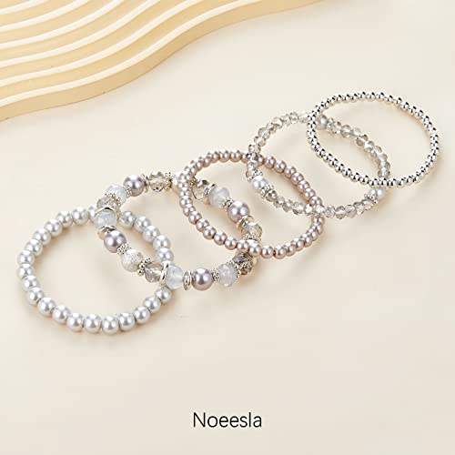 Noessla Beaded Pearl Stretch Bracelet Silver Stackable Crystal Beads Bracelets Trendy Costume Jewelry Mothers Day Gifts for Women - color: Grey