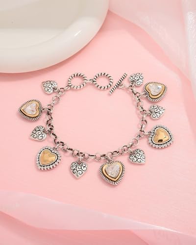 Two Tone Heart Charm Bracelet for Women, Adjustable Cute Bracelets with Heart/Clover Charms, Trendy Love Bracelet for Daily Wear Mixed Metal Jewelry Valentines Day Gift - style: Heart