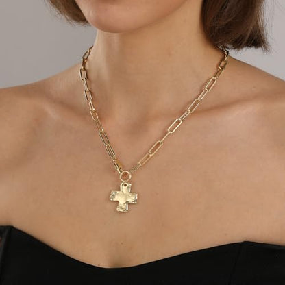 Chunky Cross Necklace for Women Trendy 14K Gold Silver Plated Statement Big Cross Pendant Paperclip Chain Charm Necklaces Religious Faith Easter Basket Stuffers Baptism Costume Jewelry Gift - color: Gold-Lobster Clasp-1 inch pendant