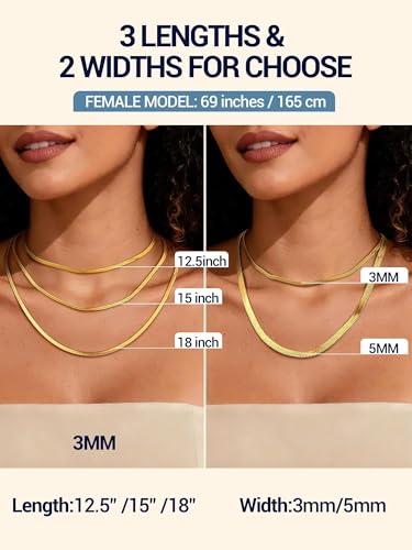 PROSTEEL 3mm/5mm Herringbone Choker Necklace for Women, 12.5"/15"/18", Stainless Steel/Sterling Silver Flat Snake Chain in Silver/Yellow Gold/Rose Gold/Black, Come with Box - color: 3mm-Gold Plated, size: 18 Inch