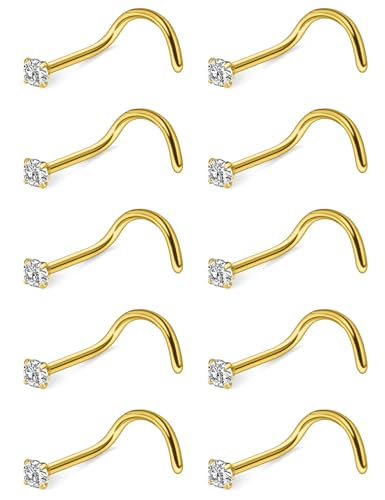Hoeudjo Nose Studs Surgical Steel Cubic Zirconia Nose Rings Kit for Women Men Tiny Nose Stud Bone & Screw & L Shaped Nostril Piercing Jewelry 24/22/20/18 Gauge 10 Pieces - color: gold-tone,screw nose studs, size: 20g/2mm clear CZ