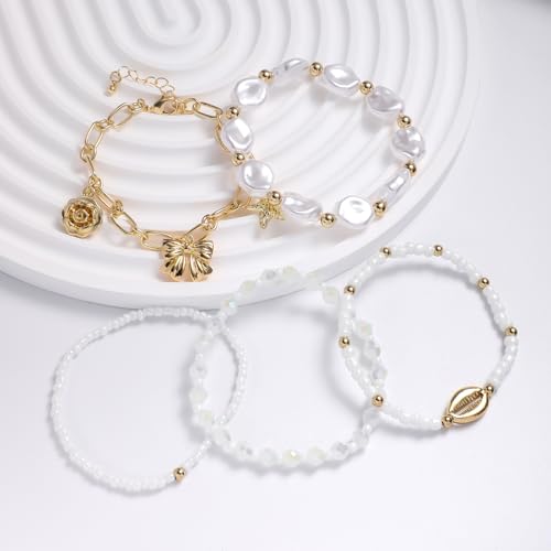 LALAPPLE Shell Bracelet Boho Beaded Stretch Bracelets for Women Seashell Strand Bracelets Starfish Charm Jewelry Summer Beach Jewelry Stackable Crystal Gold Plated Beads Bracelet for Women - style: T-Style9 wave