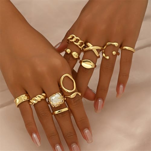 Trendy Knuckle Rings Set for Women Dainty Stackable Joint Finger Midi Rings Pack Adjustable Dome Twist Hollow Chunky Rings Statement Jewelry Mixed Size - style: C-Gold-12Pcs