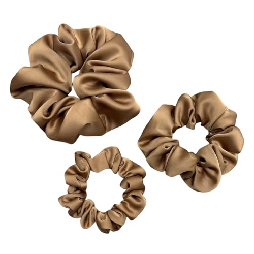 3 Pieces Satin Scrunchies Set for Hair No Crease Elastic Hair Ties for Women and Girls (Light Brown) - color: Light Brown