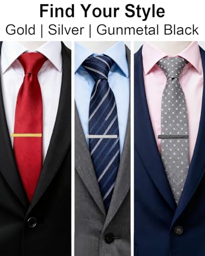 Gold Silver Black Tie Clips for Men, 2.36in Tie Bar & Pin with Gift Box | Solid Brass Protects Silk Ties. Men's Accessories ideal for Business, Wedding, Formal, Husband, Boyfriend, Father - style: Golden