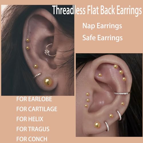 Sweetkiki Threadless Flat Back Earrings, 14K Gold Plated Ball Stud Earrings Hypoallergenic | Cartilage Earring | Helix Piercing Jewelry | Tragus Piercing Jewelry | Push in Flatback Earrings for Women Men - color: 14K Gold, size: 5 Millimeters