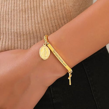 DS Inspirational Bracelet for Women Christian Engraved Bibler Verse Cross Butterfly Daisies Charm Bracelet, Exquisite Stainless Steel Jewelry Daughter Best Friend Bestie - style: For God so loved the world-Gold