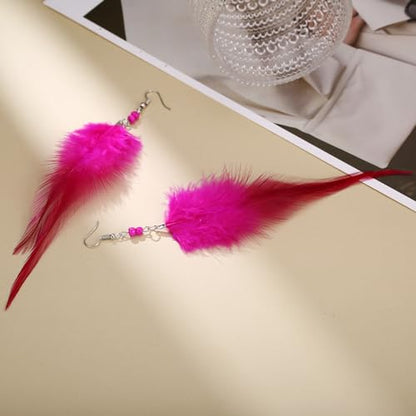 RUOFFETA Long Feather Earrings for Women, Boho Bohemian Earrings Multicolor Tassel Handmade Feather Earrings for Women Dangling - style: M-Hot Pink