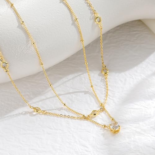 Yoosteel Layered 14K-Gold-Plated Necklace for Women,CZ Necklaces Stack | Dainty Cubic Zirconia Pendant Necklace,Simple Chain Choker Stackable,Trendy Jewelry,Wedding Bridesmaid Gifts - color: 01-Layered Round CZ